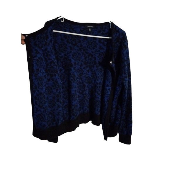 Lands End Cardigan Button Front  Blue/Black Floral Design w. Shimmer Tapered M - Picture 2 of 9